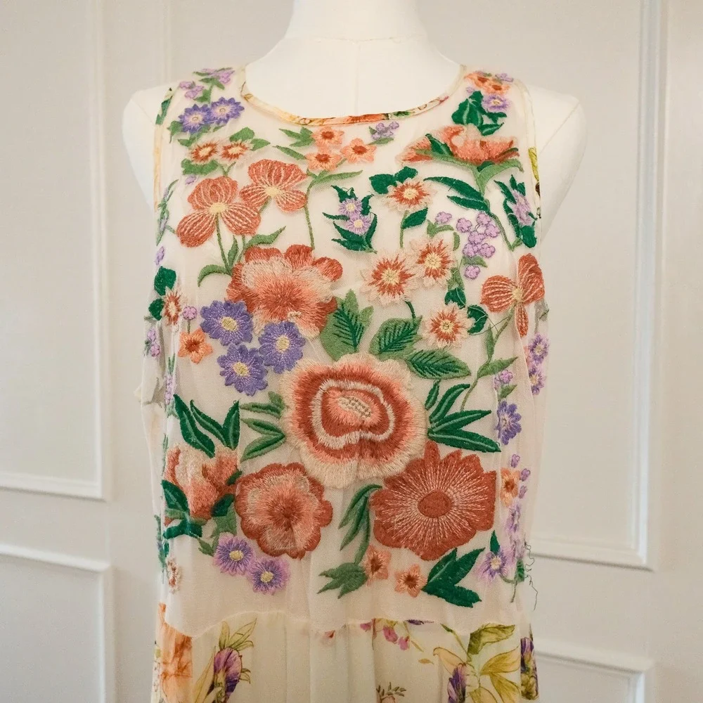 Anthropologie Maxi Dress Womens Floral Embroidered Sleeveless 16 Cream India
